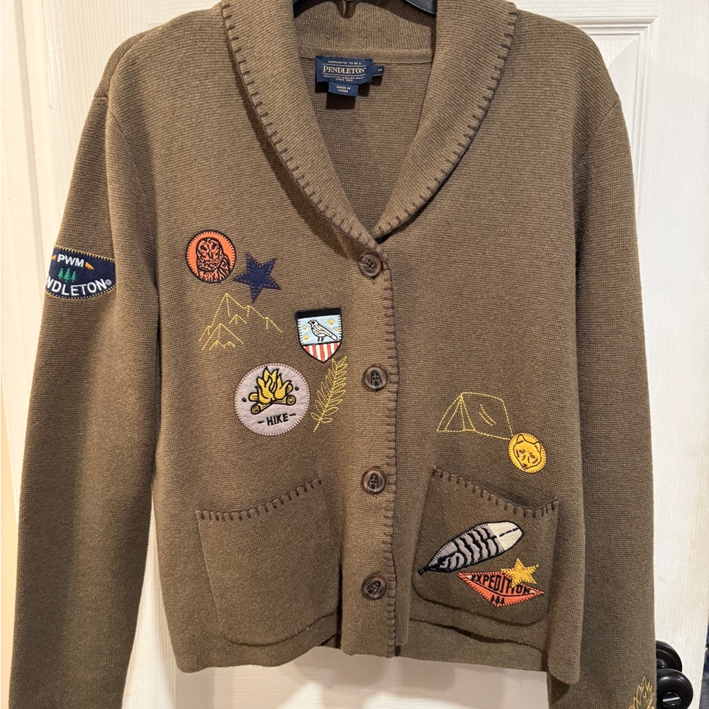 Pendleton Olive Cardigan with Embroidered Patches